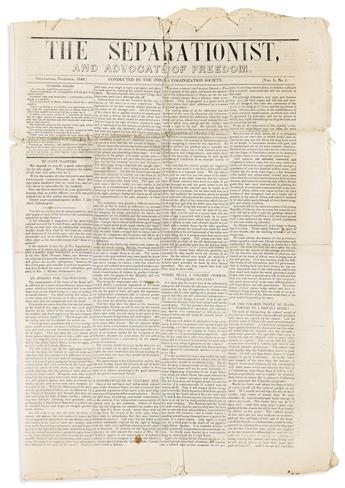 (ABOLITION.) The first (and only?) issue of a colonization newspaper, "The Separationist, and Advocate of Freedom."                              